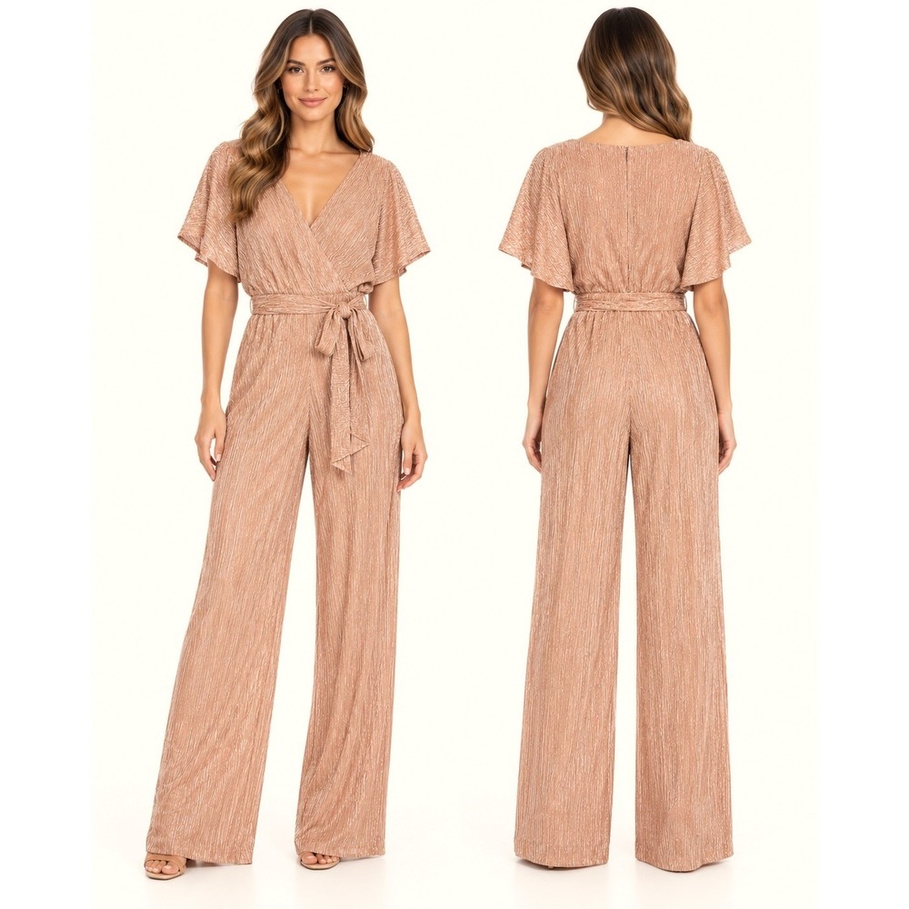 Adrianna Papell Metallic Pleat Jumpsuit Women's 2 Rose Gold Wide Leg Formal NWT